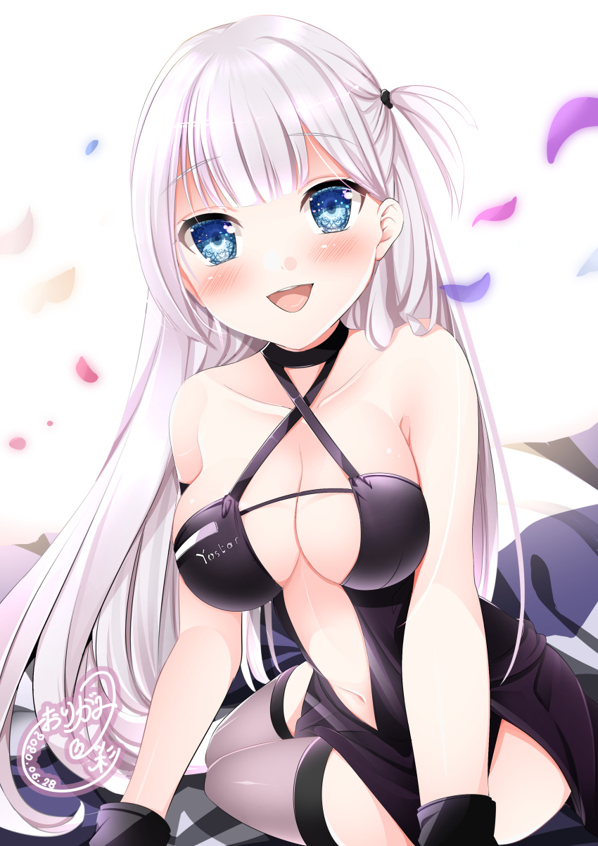1girl absurdres arm_strap azur_lane bangs bare_arms bare_shoulders black_choker black_gloves blue_eyes blush center_opening checkered checkered_flag choker clothes_writing commentary_request criss-cross_halter eyebrows_visible_through_hair flag gloves halterneck highres long_hair looking_at_viewer navel navel_cutout open_mouth origami_aya partial_commentary pelvic_curtain racequeen revealing_clothes shoukaku_(azur_lane) shoukaku_(sororal_wings)_(azur_lane) silver_hair sitting solo thigh-highs yokozuwari