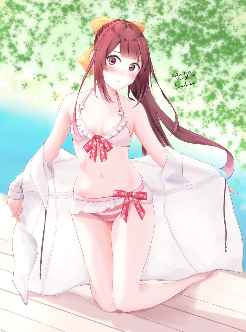 1girl absurdres bikini blush bow breasts brown_hair commentary_request frilled_bikini frills hair_bow highres jacket kamikaze_(kantai_collection) kantai_collection kneeling long_hair looking_at_viewer mismatched_bikini nose_blush pink_bikini red_eyes see-through_jacket small_breasts solo swimsuit velchi white_jacket wooden_floor yellow_background