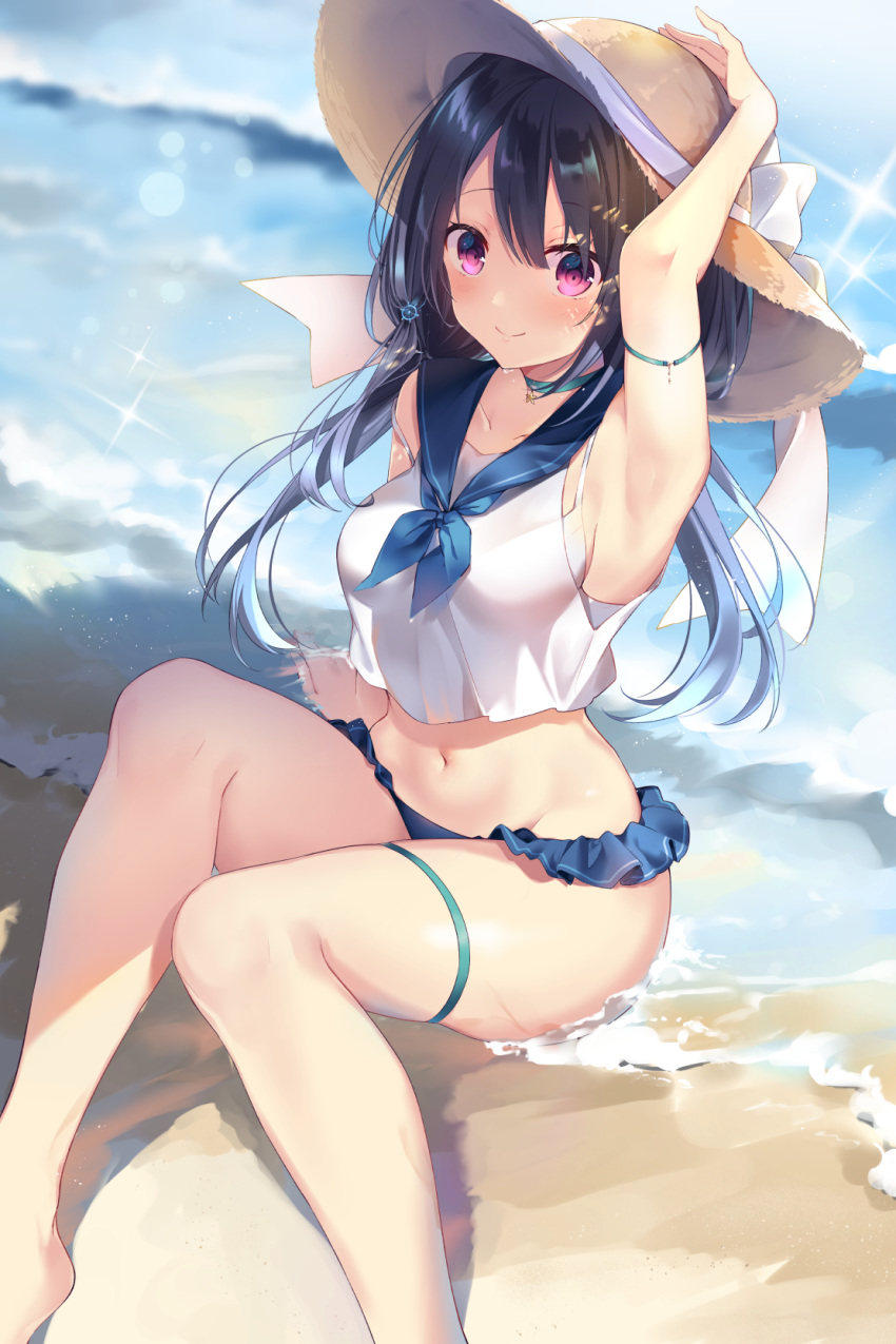 1girl arm_strap arm_up armpits bangs bare_arms bare_legs bare_shoulders beach bikini black_hair blue_bikini blue_choker blue_neckwear blue_sailor_collar blush bow breasts choker closed_mouth commentary_request crop_top crop_top_overhang day feet_out_of_frame frilled_bikini frills from_above groin hair_ornament hand_on_headwear hat hat_bow hat_ornament highres huion kisaragi_yuri long_hair looking_at_viewer looking_up low_twintails medium_breasts midriff mismatched_bikini navel neckerchief ocean on_ground original outdoors sailor_collar shirt sitting sleeveless sleeveless_shirt smile solo stomach straw_hat swimsuit thigh_strap thighs twintails violet_eyes water white_bow white_shirt