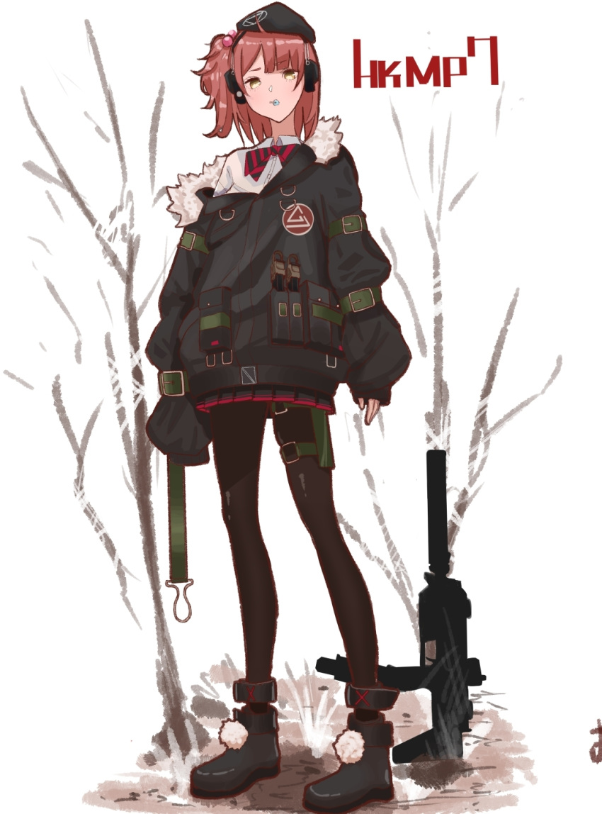 1girl ahoge bangs beret blunt_bangs girls_frontline gun h&amp;k_mp7 hat hayatelikecat highres jacket loose_clothes medium_hair mp7_(girls_frontline) off-shoulder_jacket pantyhose pom_pom_(clothes) redhead side_ponytail skirt solo submachine_gun tied_hair weapon yellow_eyes