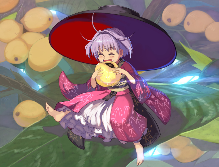 1girl :d ahoge bangs barefoot blush bowl bowl_hat closed_eyes commentary_request day diffraction_spikes eating eyebrows_visible_through_hair food fruit hair_intakes happy hat highres holding holding_food holding_fruit japanese_clothes kimono layered_clothing layered_kimono leaf leg_lift loquat minigirl obi open_mouth outdoors purple_hair sash shope short_hair sitting smile solo sukuna_shinmyoumaru sunlight touhou tree_branch