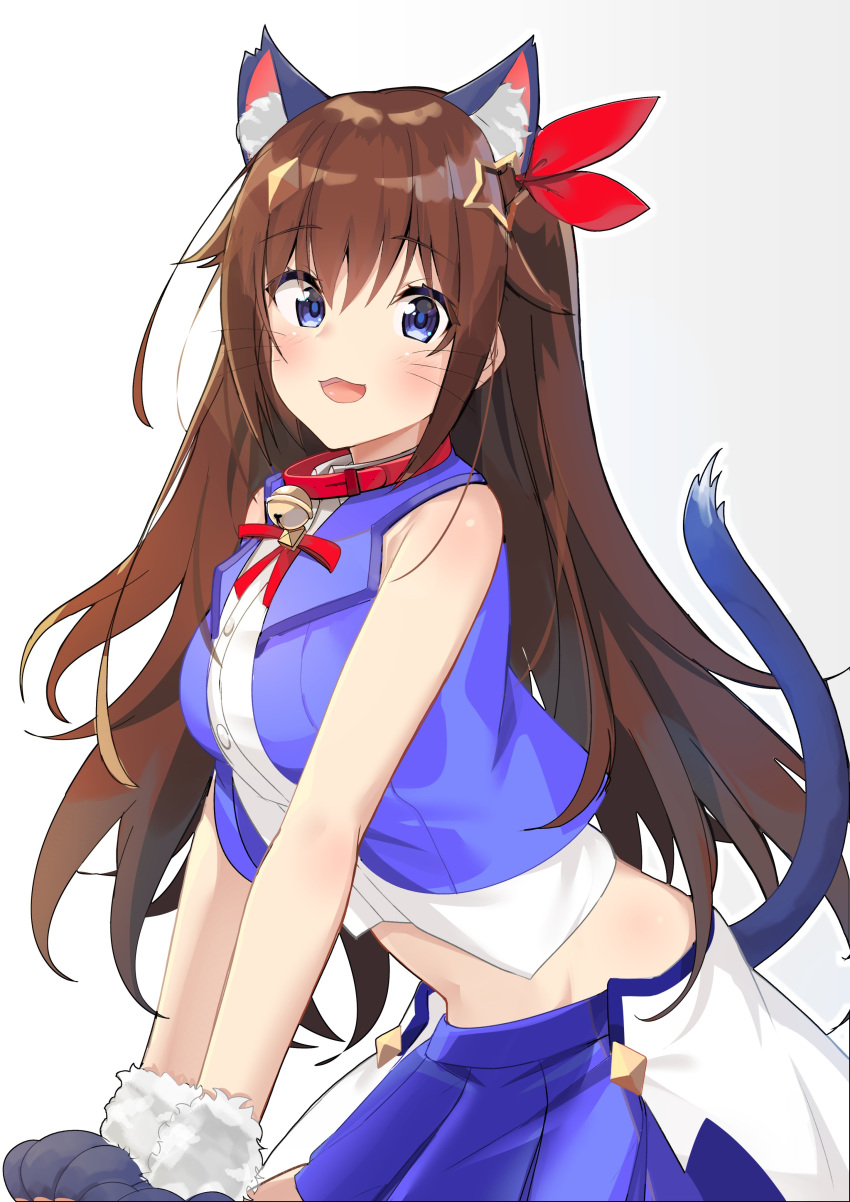 1girl absurdres animal_ear_fluff animal_ears bell bell_choker blue_eyes blue_jacket blue_skirt blush breasts brown_hair cat_ears cat_tail choker collared_shirt commentary cowboy_shot eyebrows_visible_through_hair eyelashes gloves hair_between_eyes hair_flaps hair_ornament hair_ribbon highres hololive jacket kemonomimi_mode long_hair looking_at_viewer medium_breasts midriff miniskirt neck_ribbon open_clothes open_jacket open_mouth paw_gloves paws pleated_skirt red_choker red_neckwear ribbon satobitob shirt simple_background skirt sleeveless sleeveless_jacket smile solo star_(symbol) star_hair_ornament tail tokino_sora virtual_youtuber whiskers white_background white_shirt wing_collar
