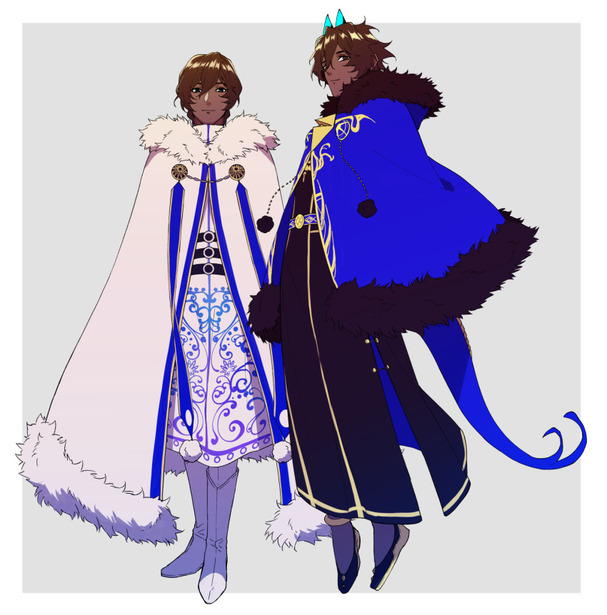 2boys alternate_costume arjuna_(fate/grand_order) arjuna_alter bangs black_eyes brown_hair cape capelet dark_skin dark_skinned_male fate/grand_order fate_(series) floating full_body fur_collar fur_trim glowing_horns hair_between_eyes highres horns hukahire0313 looking_at_viewer male_focus multiple_boys shiny shiny_hair shoes simple_background solo