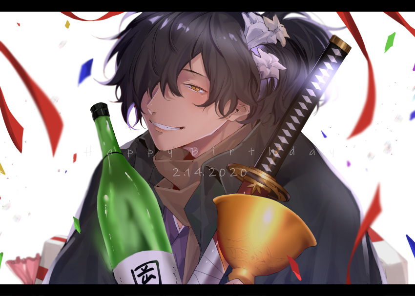 1boy absurdres bangs black_border black_hair blush border bottle celebration close-up confetti english_text fate/grand_order fate_(series) hair_over_one_eye half-closed_eyes happy_birthday highres holding holding_weapon holy_grail_(fate) japanese_clothes katana kimono koha-ace long_hair long_sleeves male_focus mkt_marimo78 okada_izou_(fate) ponytail scarf smile sword upper_body weapon yellow_eyes