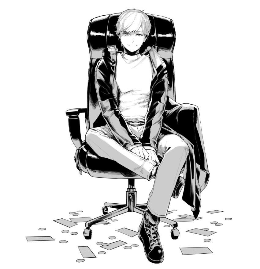 1boy belt chair cherico closed_mouth coin copyright_request greyscale hatching_(texture) jacket male_focus money monochrome office_chair original simple_background sitting smile solo white_background zipper zipper_pull_tab
