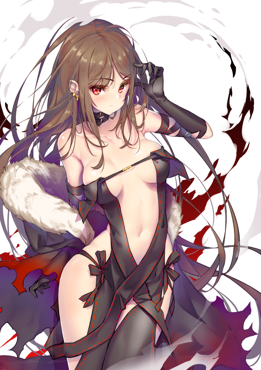 1girl absurdres arm_behind_back bangs bare_shoulders black_dress blush breasts brown_hair center_opening choker closed_mouth collarbone consort_yu_(fate) dress ear_piercing earrings eyebrows_visible_through_hair fate/grand_order fate_(series) fur-trimmed_jacket fur_collar fur_trim gold highres hong_(white_spider) jacket jewelry long_hair looking_at_viewer medium_breasts multiple_earrings navel paid_reward patreon_reward piercing red_eyes revealing_clothes sidelocks skindentation solo stomach strapless strapless_dress thighs very_long_hair