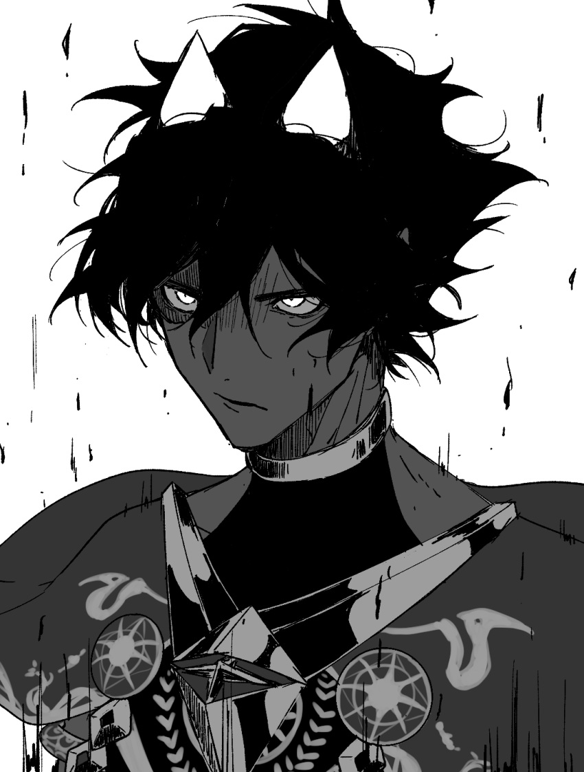 1boy angry arjuna_(fate/grand_order) arjuna_alter bangs black_hair capelet dark_skin dark_skinned_male fate/grand_order fate_(series) glowing glowing_eyes glowing_horns greyscale hair_between_eyes highres horns hukahire0313 jewelry looking_at_viewer male_focus monochrome serious shiny shiny_hair simple_background solo upper_body white_background