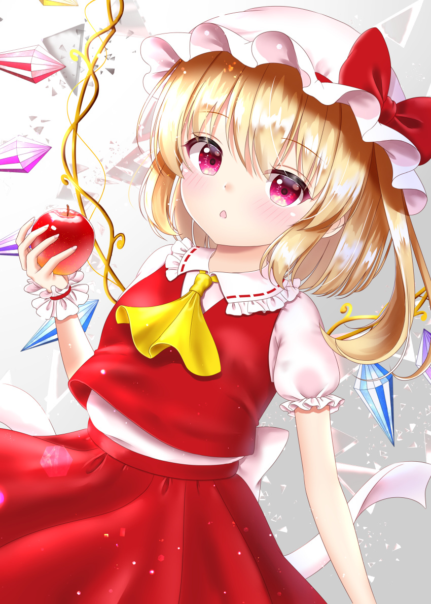 1girl absurdres apple arm_up blonde_hair blush broken_glass commentary_request cravat dutch_angle expressionless eyebrows_visible_through_hair flandre_scarlet food fruit glass gradient gradient_background grey_background hair_between_eyes hat hat_ribbon highres holding holding_food holding_fruit light_particles looking_at_viewer mob_cap nyanyanoruru one_side_up partial_commentary puffy_short_sleeves puffy_sleeves red_eyes red_skirt red_vest ribbon shards shiny shiny_hair shirt short_hair short_sleeves skirt solo standing touhou triangle_mouth upper_body vest white_headwear white_shirt wings wrist_cuffs yellow_neckwear
