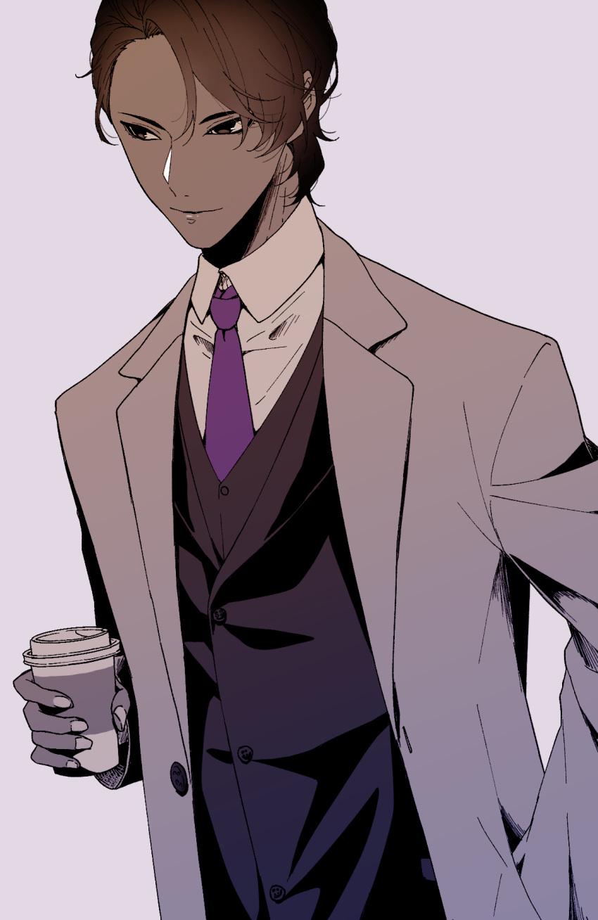 1boy alternate_costume alternate_hairstyle arjuna_(fate/grand_order) bangs black_eyes brown_hair collared_shirt cup dark_skin dark_skinned_male disposable_cup fate/grand_order fate_(series) formal gradient_hair hair_between_eyes hand_in_pocket highres hukahire0313 jacket jewelry looking_to_the_side male_focus multicolored_hair necktie purple_neckwear shiny shiny_hair shirt simple_background smile solo upper_body vest white_shirt