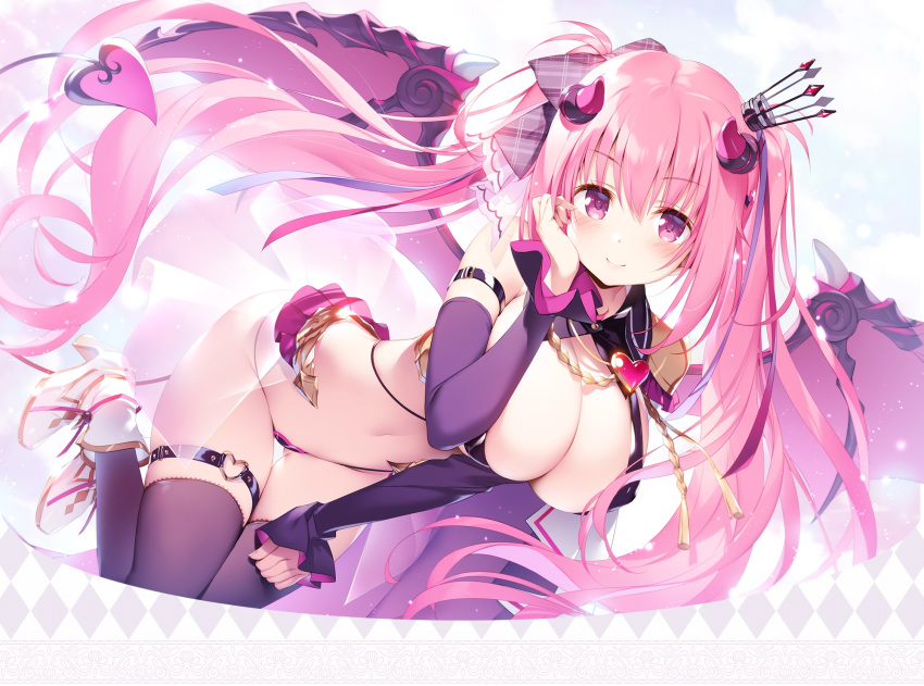 1girl anneliese black_legwear blush breasts crown demon_girl demon_horns demon_tail demon_wings detached_sleeves eyebrows_visible_through_hair hair_ribbon hand_on_own_face highres horns kimagure_temptation kimishima_ao large_breasts long_hair looking_at_viewer mini_crown official_art pink_eyes pink_hair ribbon smile solo tail thigh-highs thigh_strap twintails wings