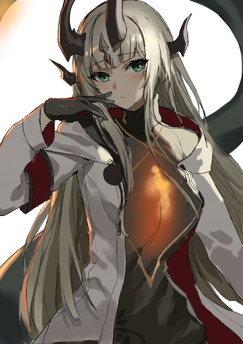 1girl absurdres arknights bangs commentary dress eyebrows_visible_through_hair green_eyes grey_dress hand_up highres horns jacket long_hair long_sleeves looking_at_viewer molyb open_clothes open_jacket reed_(arknights) silver_hair simple_background solo very_long_hair white_background white_jacket