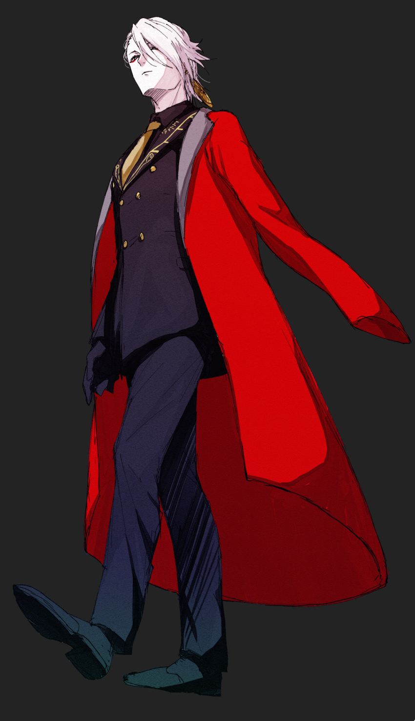 1boy alternate_costume alternate_hairstyle bangs blue_eyes fate/grand_order fate_(series) from_below full_body hair_between_eyes hair_over_one_eye highres hukahire0313 jacket jacket_on_shoulders jewelry karna_(fate) male_focus necktie pale_skin red_jacket shiny shiny_hair shirt shoes simple_background single_earring solo white_hair
