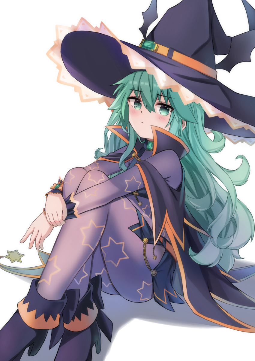 1girl ass berserker0113 black_skirt blush bodysuit boots cape crossed_legs curly_hair date_a_live emerald_(gemstone) frown full_body green_eyes green_hair hair_between_eyes hat hat_ribbon high_heel_boots high_heels highres knees_up leg_hug legs long_hair looking_at_viewer natsumi_(date_a_live) ribbon sitting skirt solo star_(symbol) star_print thighs very_long_hair witch witch_hat