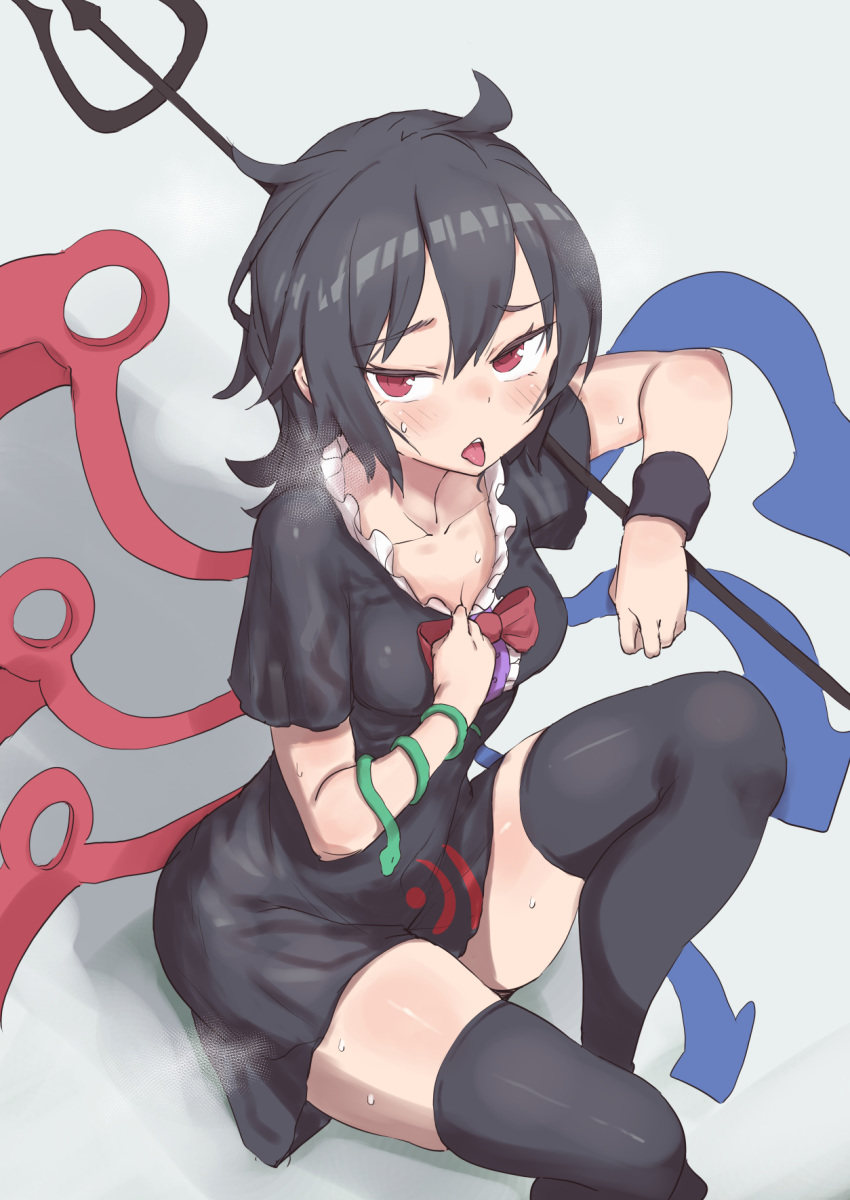 1girl asymmetrical_wings black_dress black_hair black_legwear blue_wings bow bowtie breasts dress highres houjuu_nue isemori knee_up long_hair looking_at_viewer medium_breasts polearm red_eyes red_neckwear red_wings short_dress short_hair short_sleeves simple_background sitting solo sweat thigh-highs tongue tongue_out touhou trident weapon wings wristband