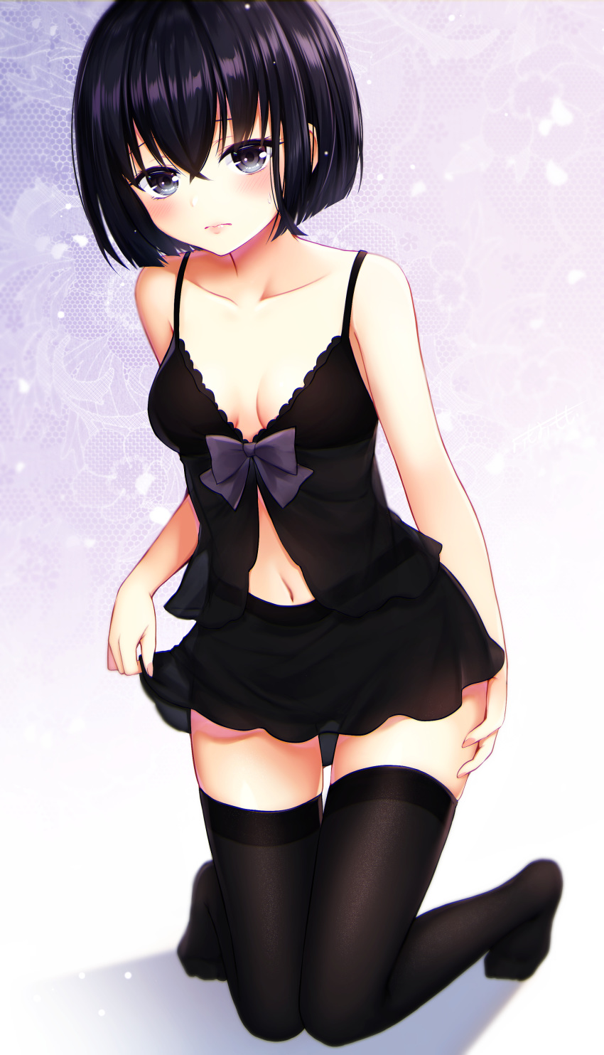 1girl absurdres bare_arms bare_shoulders black_hair black_legwear black_skirt blue_eyes bow breasts center_opening chemise closed_mouth collarbone fine_fabric_emphasis highres kneeling looking_at_viewer miniskirt navel no_shoes omoomomo original shadow short_hair sidelocks skirt small_breasts solo thigh-highs zettai_ryouiki