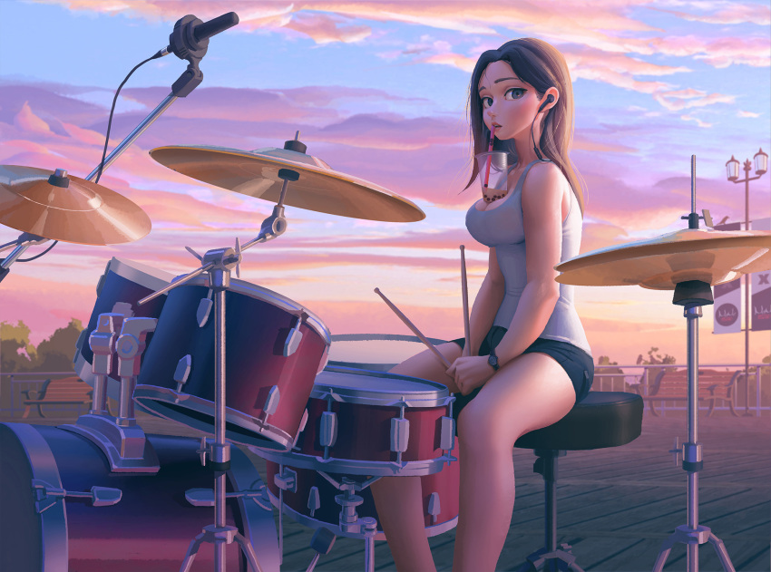 1girl bench black_shorts bo_xun_lin brown_hair bubble_tea bubble_tea_challenge clouds cloudy_sky cup cymbals drink drinking_straw drum drum_set drumsticks earphones earphones english_commentary feet_out_of_frame highres instrument lamppost long_hair microphone original outdoors parted_lips plant shorts sitting sky solo sunset tank_top