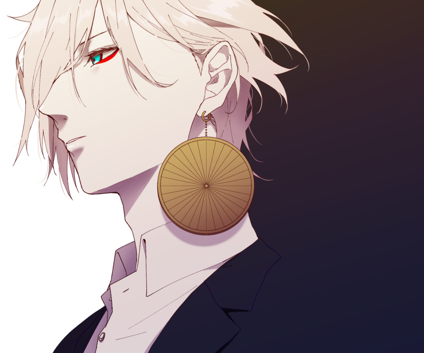 1boy alternate_costume alternate_hairstyle bangs black_background blue_eyes collared_shirt earrings eyeshadow fate/grand_order fate_(series) formal hair_between_eyes hair_over_one_eye highres hukahire0313 jewelry karna_(fate) makeup male_focus pale_skin shiny shiny_hair shirt simple_background single_earring solo upper_body white_background white_hair