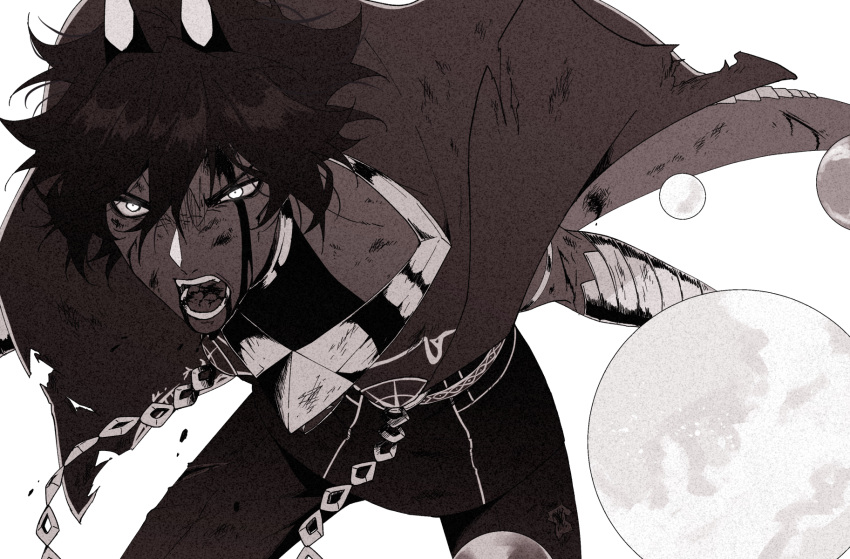 1boy arjuna_(fate/grand_order) arjuna_alter bangs blood blood_on_face bloody_clothes brown_hair chain dark_skin dark_skinned_male fate/grand_order fate_(series) fighting gloves glowing glowing_eyes greyscale hair_between_eyes highres horns hukahire0313 jewelry looking_at_viewer male_focus monochrome pants shiny shiny_hair simple_background solo sphere tail torn_capelet upper_body