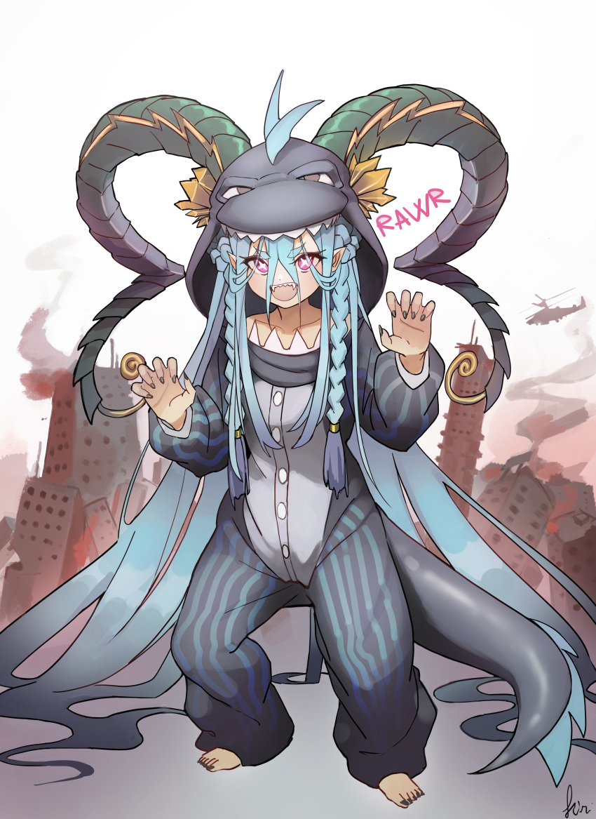 +_+ 1girl :d absurdres animal_costume bangs black_nails blue_hair braid building claw_pose commentary cosplay crown_braid dragon_costume dragon_hood dragon_tail english_commentary fangs fate/grand_order fate_(series) full_body hair_between_eyes highres hood hood_up horns horns_through_headwear kigurumi kiritzuguart long_hair long_sleeves looking_at_viewer open_mouth pointy_ears puffy_long_sleeves puffy_sleeves sharp_teeth signature smile solo tail teeth thick_eyebrows tiamat_(fate/grand_order) twin_braids v-shaped_eyebrows very_long_hair violet_eyes younger