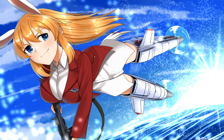 1girl animal_ears blue_eyes blush breasts charlotte_e._yeager closed_mouth flying gun highres hiroshi_(hunter-of-kct) jacket large_breasts long_hair looking_at_viewer orange_hair outdoors rabbit_ears rabbit_tail red_jacket rifle shiny shiny_hair sky smile solo strike_witches tail weapon world_witches_series