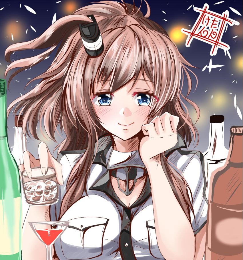 1girl artist_logo blue_eyes bottle breast_pocket breasts brown_hair commentary_request cup dress drinking_glass glass highres kantai_collection kentan_(kingtaiki) large_breasts long_hair looking_at_viewer pocket ponytail saratoga_(kantai_collection) side_ponytail smile smokestack smokestack_hair_ornament solo upper_body white_dress wine_glass