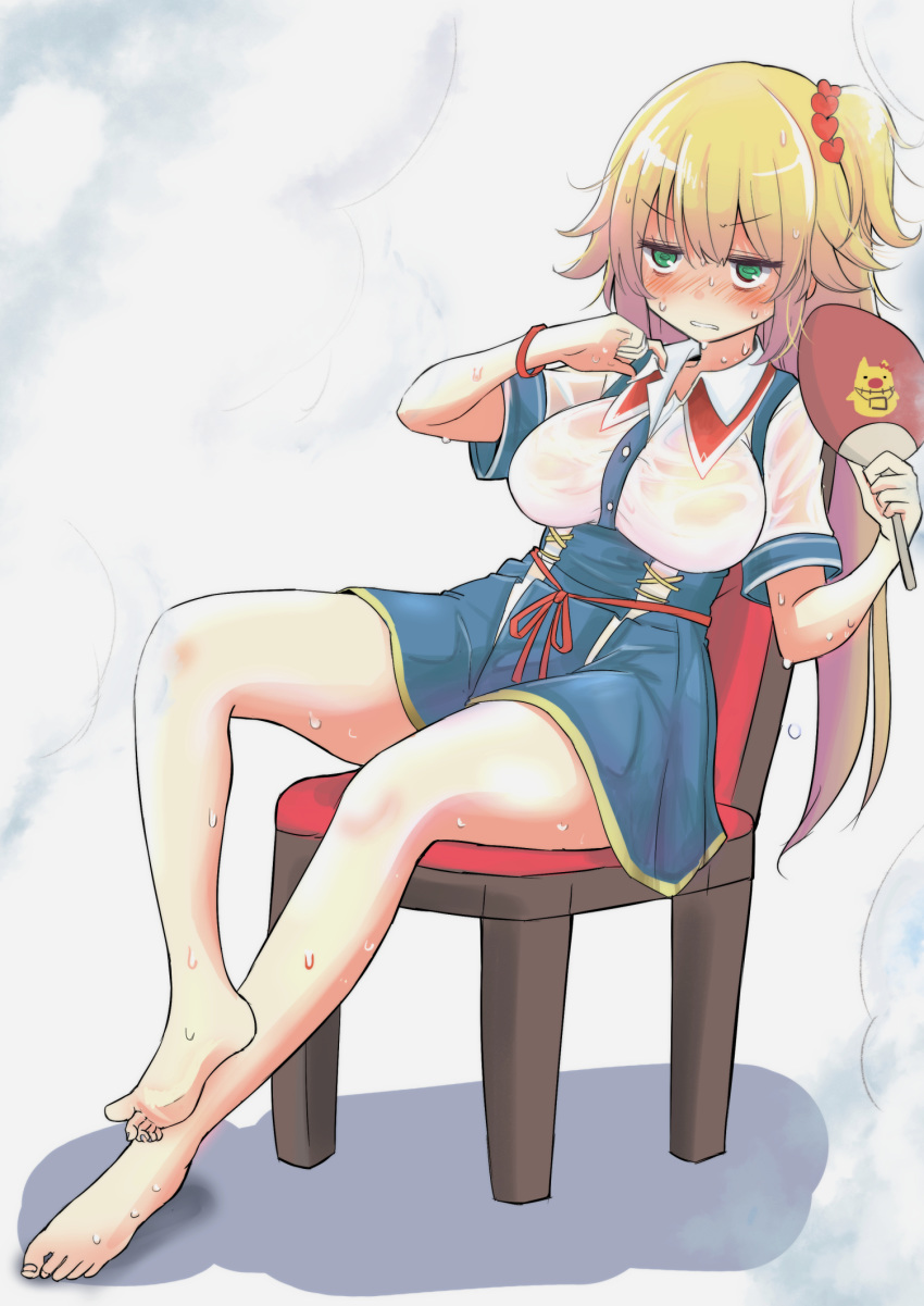 1girl akai_haato bangs bare_legs barefoot blonde_hair blue_eyes blue_skirt blush breasts chair eyebrows_visible_through_hair fan hair_between_eyes hair_ornament heart heart_hair_ornament highres hot large_breasts long_hair moroboshi_meteo nose_blush one_side_up paper_fan red_ribbon ribbon shirt short_sleeves skirt solo sweat very_long_hair virtual_youtuber wet wet_clothes white_shirt