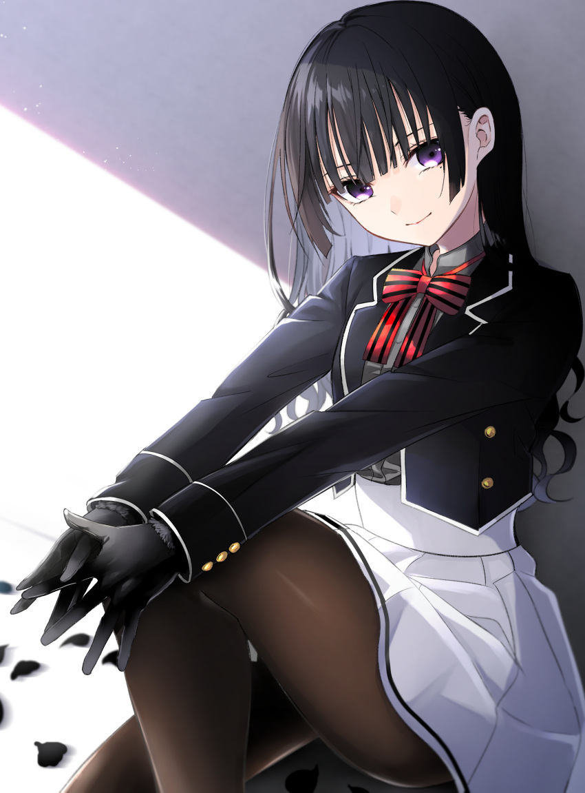 1girl absurdres bangs black_gloves black_hair black_jacket blazer bow brown_legwear closed_mouth collared_shirt commentary_request dress_shirt eyebrows_visible_through_hair gloves grey_shirt highres inugami_reon jacket kishuku_gakkou_no_juliet knee_up long_hair looking_at_viewer natsupa open_blazer open_clothes open_jacket outstretched_arms pantyhose petals pleated_skirt red_bow school_uniform shirt sitting skirt smile solo striped striped_bow very_long_hair violet_eyes white_skirt