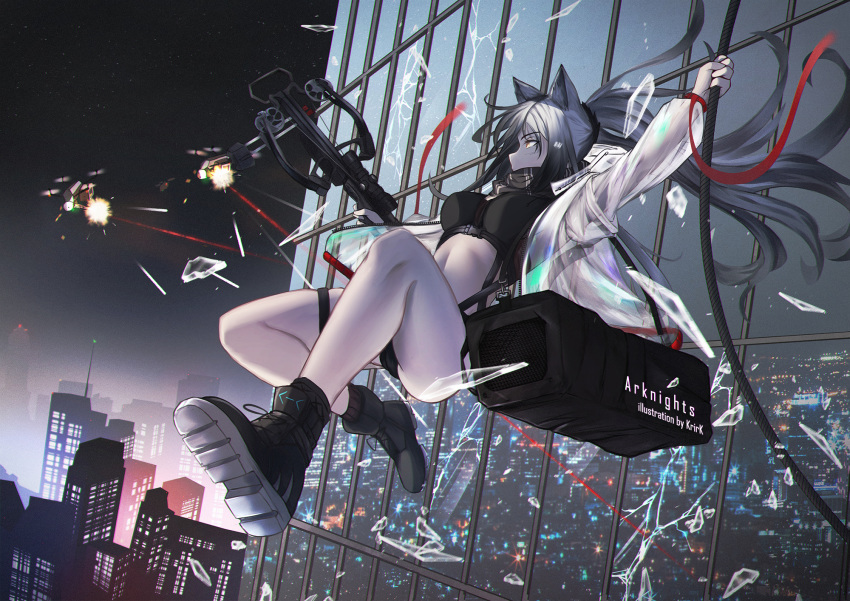 1girl animal_ear_fluff animal_ears arknights artist_name ass bag bangs black_footwear black_scarf black_shirt black_shorts boots bow_(weapon) breasts broken_glass building cat_ears cat_tail city crop_top crossbow drone duffel_bag english_commentary engrish_commentary eyebrows_visible_through_hair firing full_body glass hair_between_eyes highres holding holding_bow_(weapon) holding_rope holding_weapon jacket krirk large_breasts long_hair long_ponytail long_sleeves looking_to_the_side midriff navel night night_sky open_clothes open_jacket ponytail reflection scarf schwarz_(arknights) see-through sheer_clothes shirt short_shorts shorts sidelocks silver_hair sky skyline skyscraper sleeveless sleeveless_shirt solo_focus tail thigh_strap weapon yellow_eyes