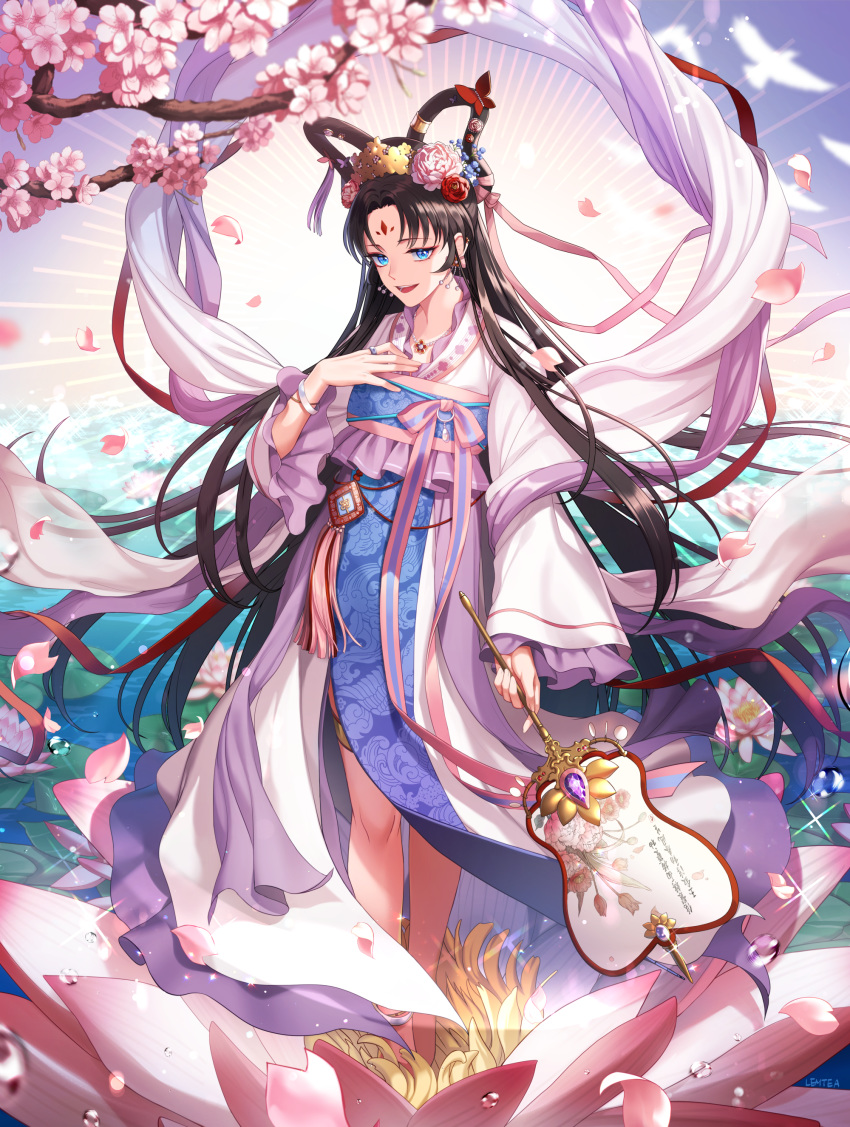 1girl absurdres bangs bare_legs black_hair blue_hair cherry_blossoms eyebrows fan flower hand_on_own_chest highres holding holding_fan japanese_clothes jewelry lem_tea long_hair looking_at_viewer lotus original parted_bangs ring smile standing