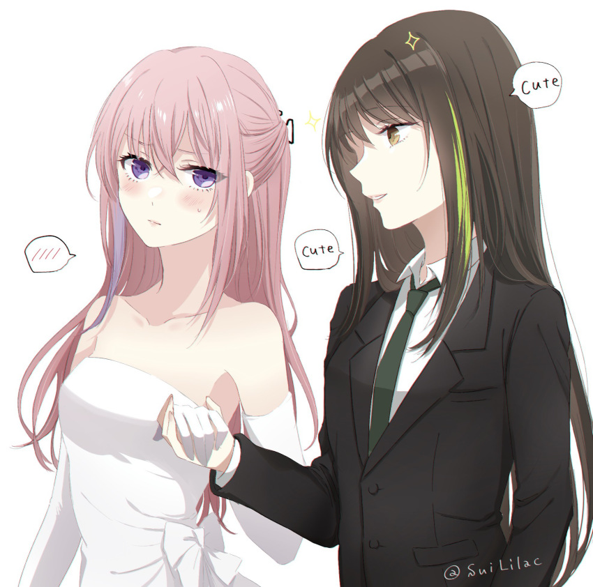 2girls artist_name bangs bare_shoulders black_jacket black_suit blush bow brown_eyes brown_hair buttons closed_mouth collar collarbone collared_shirt commentary_request dress elbow_gloves embarrassed eyebrows_visible_through_hair formal girls_frontline gloves green_hair grey_neckwear hair_between_eyes hair_ornament highres holding holding_hands jacket lips long_hair looking_at_another looking_at_viewer m4a1_(girls_frontline) multicolored_hair multiple_girls necktie off-shoulder_dress off_shoulder parted_lips pink_hair pocket purple_hair shirt sidelocks simple_background smile sparkle st_ar-15_(girls_frontline) streaked_hair sui_(camellia) suit sweat talking two-tone_hair upper_body violet_eyes white_background white_bow white_dress white_gloves white_shirt