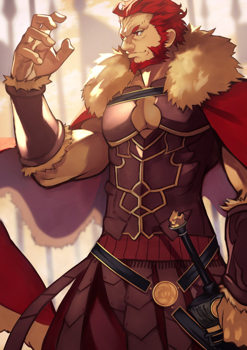 1boy bara beard belt breastplate cape chest cleavage_cutout dark_skin dark_skinned_male facial_hair fate/grand_order fate/zero fate_(series) fur_collar greek_clothes highres iskandar_(fate) large_hands leather looking_to_the_side male_focus manly muscle open_clothes pectorals red_cape red_eyes redhead sleeveless smile solo sword toned toned_male upper_body weapon wrinkles yoshio_(55level)