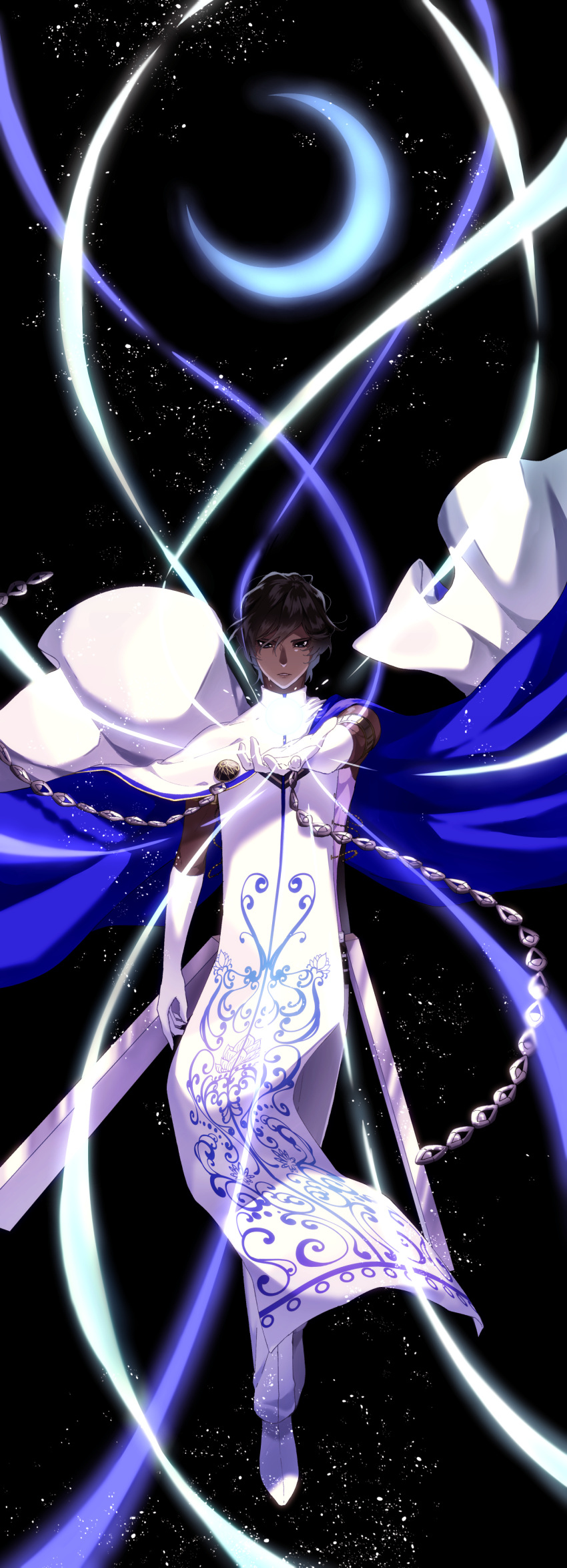 1boy absurdres arjuna_(fate/grand_order) bangs black_eyes brown_hair cloak crescent dark_skin dark_skinned_male energy facing_viewer fate/grand_order fate_(series) fighting_stance floating full_body gloves gradient_hair hair_between_eyes highres hukahire0313 jewelry light_particles looking_down male_focus moon multicolored_hair shiny shiny_hair simple_background sky solo star_(sky) star_(symbol) starry_background starry_sky
