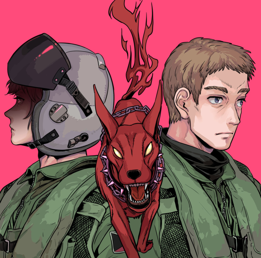 2boys ace_combat ace_combat_zero blue_eyes brown_hair cipher_(ace_combat) collar demon dog highres larry_foulke looking_afar multiple_boys open_mouth pilot pilot_helmet pilot_suit red_eyes sharp_teeth spiked_collar spikes takato15_c teeth tongue yellow_eyes