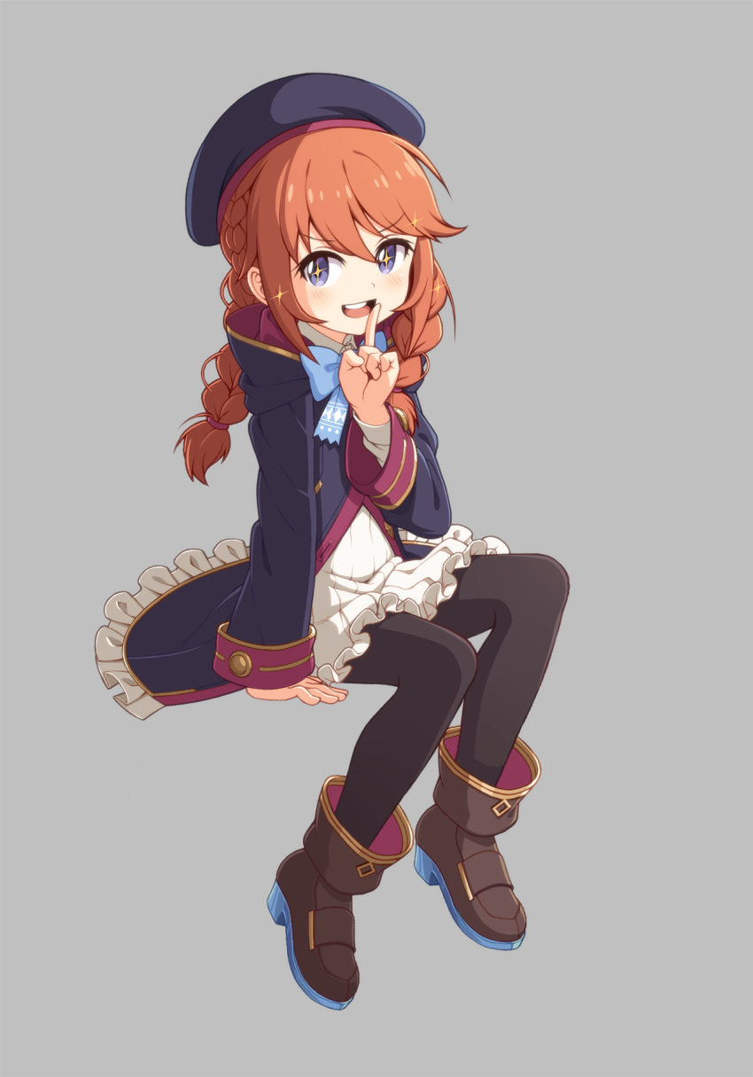 +_+ 1girl :d bangs beret black_coat black_headwear black_legwear blue_bow blue_eyes blush boots bow braid brown_footwear brown_hair coat dress eyebrows_visible_through_hair frilled_coat frilled_dress frills full_body grey_background hair_between_eyes hair_over_shoulder hand_up hat highres hood hood_down hooded_coat index_finger_raised long_hair long_sleeves looking_at_viewer open_clothes open_coat open_mouth pantyhose princess_connect! princess_connect!_re:dive simple_background sitting sizque sleeves_past_wrists smile solo sparkle twin_braids upper_teeth white_dress yuni_(princess_connect!)
