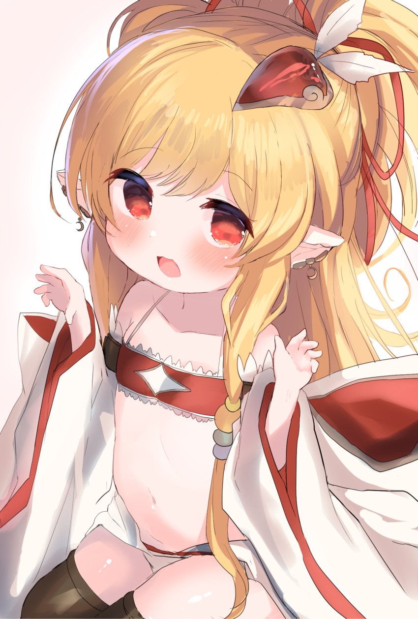 1girl :d absurdres bandeau bare_shoulders black_legwear blonde_hair blush brown_background collarbone commentary_request detached_sleeves ear_piercing gradient gradient_background granblue_fantasy hair_ornament hair_ribbon hands_up highres long_hair long_sleeves looking_at_viewer mahira_(granblue_fantasy) navel open_mouth piercing pointy_ears red_bandeau red_eyes red_ribbon ribbon sitting smile solo thigh-highs very_long_hair white_background white_sleeves wide_sleeves yinpa_(wanone500511)