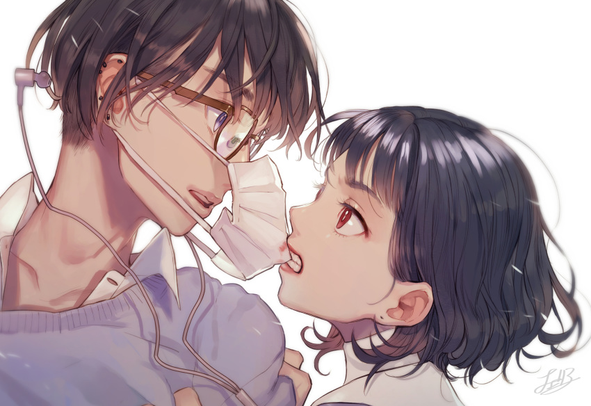 1boy 1girl biting black_hair brown-framed_eyewear cherico ear_piercing earphones earphones glasses highres lipstick_mark mask mouth_mask original parted_lips piercing red_eyes red_lips short_hair signature simple_background teeth turtleneck upper_body violet_eyes white_background