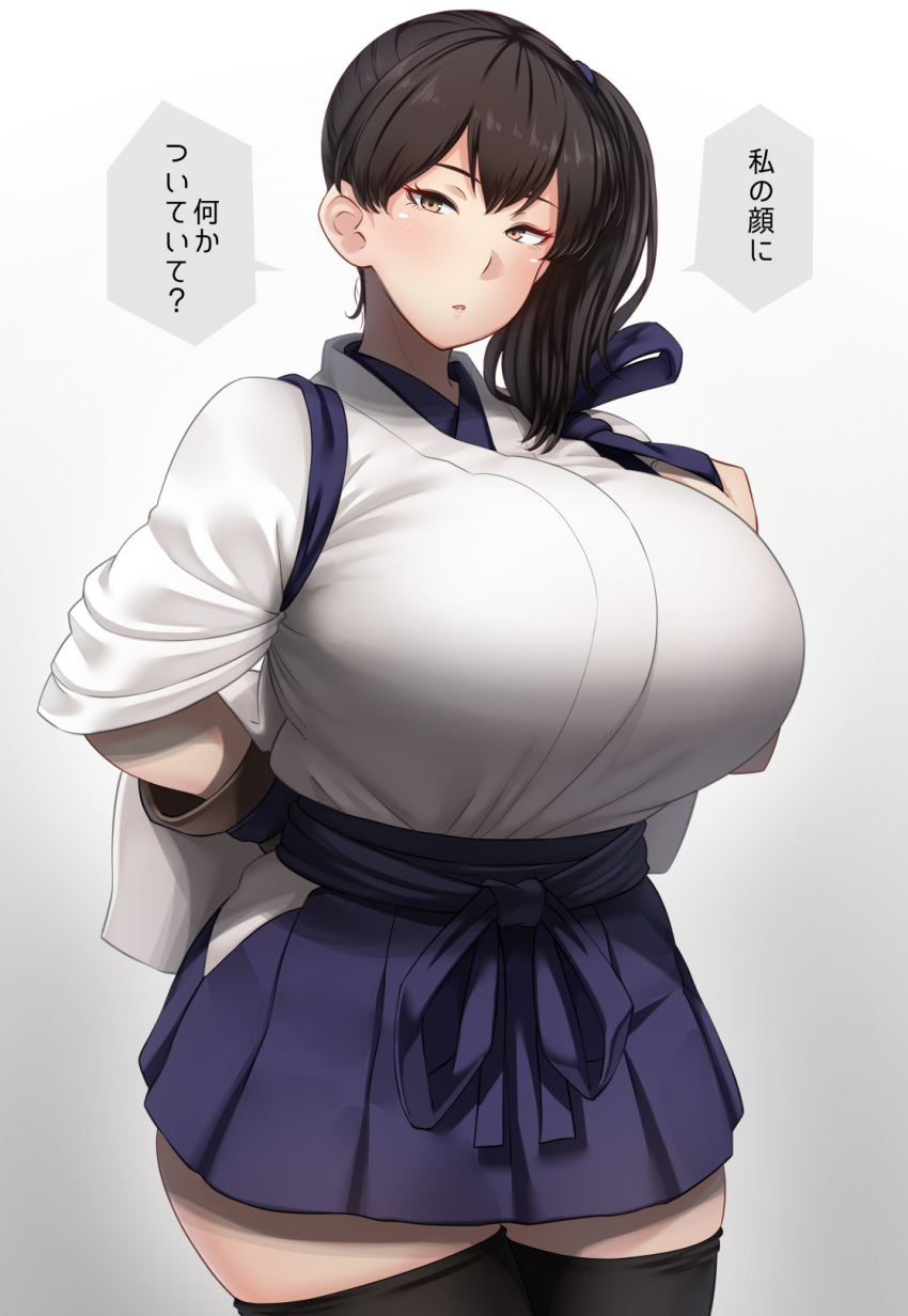 1girl arms_behind_back blue_hakama blush breasts brown_eyes brown_hair eyebrows_visible_through_hair gloves hair_between_eyes hair_ornament hakama hakama_skirt highres huge_breasts japanese_clothes kaga_(kantai_collection) kantai_collection kimono long_hair looking_at_viewer ryuun_(stiil) short_hair side_ponytail skirt solo translation_request white_kimono wide_sleeves