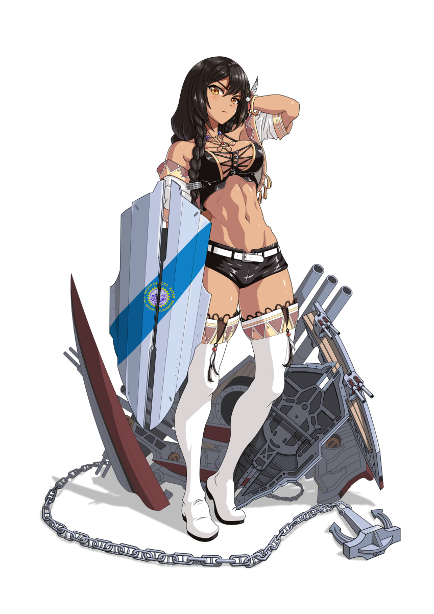 1girl absurdres anchor azur_lane bare_shoulders black_hair boots braid breasts brown_eyes commentary_request copyright_name crop_top dark_skin feathers hair_between_eyes hair_feathers hair_ornament highres jewelry large_breasts long_hair looking_at_viewer machinery md5_mismatch native_american navel necklace photoshop_(medium) renirevenge rigging shield shorts solo south_dakota_(azur_lane) tan thigh-highs thigh_boots thighhighs_under_boots title turret white_background white_footwear