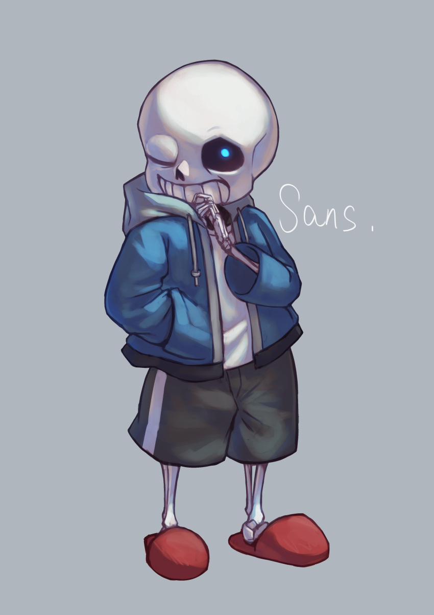 1boy absurdres black_shorts blue_eyes blue_jacket glowing glowing_eye grey_background grin highres hood hooded_jacket hoodie jacket looking_at_viewer one_eye_closed red_footwear sans shirt short_shorts shorts simple_background skeleton slippers smile solo teeth undertale white_shirt yorishiem