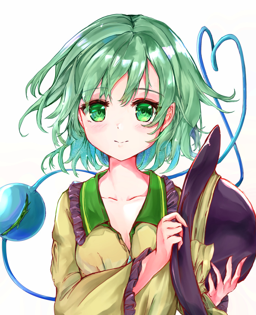 1girl absurdres arms_up breasts collar collarbone commentary eyebrows_visible_through_hair frilled_shirt_collar frilled_sleeves frills green_collar green_eyes green_hair hat hat_removed hat_ribbon headwear_removed heart heart_of_string highres holding holding_clothes holding_hat ikazuchi_akira komeiji_koishi long_sleeves looking_at_viewer messy_hair ribbon shirt short_hair simple_background small_breasts smile solo standing third_eye touhou unbuttoned unbuttoned_shirt upper_body white_background yellow_shirt