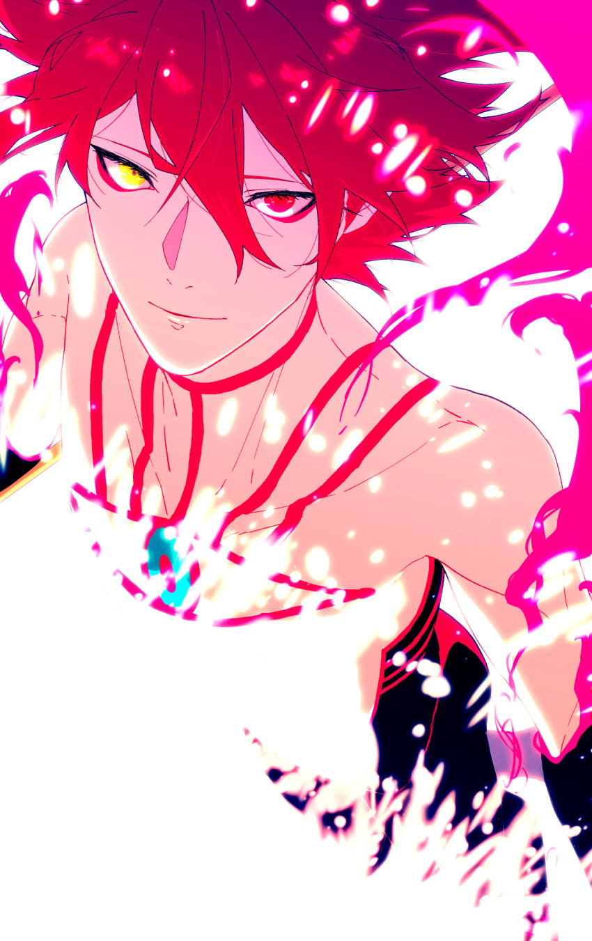 1boy alternate_costume alternate_form alternate_hair_color bangs bare_shoulders bodysuit chest disappear earrings eyeshadow fate/grand_order fate_(series) hair_between_eyes heterochromia highres hukahire0313 jewelry karna_(fate) light_particles looking_at_viewer makeup male_focus pale_skin red_eyes redhead shiny shiny_hair simple_background smile solo tattoo upper_body yellow_eyes