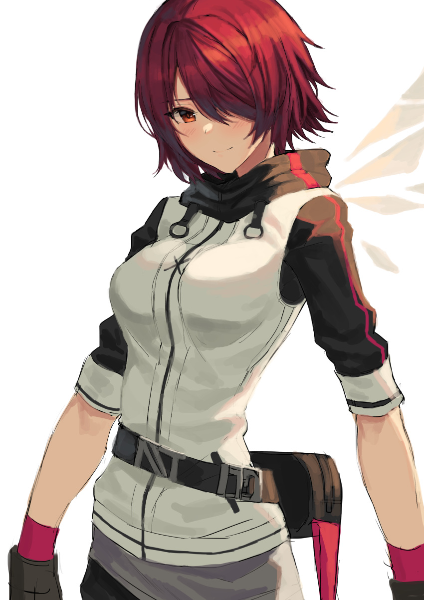 1girl absurdres arknights bangs belt black_belt blush breasts brown_eyes commentary exusiai_(arknights) hair_over_one_eye highres jacket large_breasts looking_at_viewer molyb raglan_sleeves redhead short_hair short_sleeves simple_background smile solo upper_body white_background white_jacket
