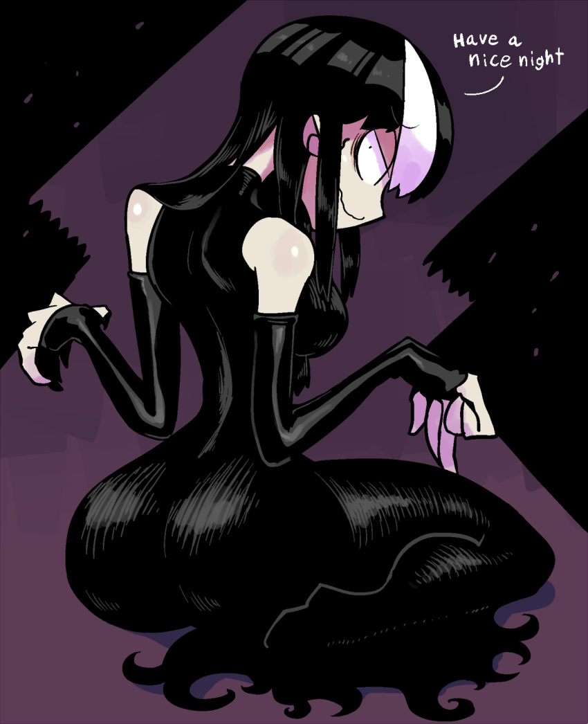 1girl ass black_dress black_gloves breasts closed_mouth dress elbow_gloves english_text fingerless_gloves from_behind full_body gloves highres large_breasts long_dress looking_at_viewer looking_back multicolored_hair noss_(rariatto) original rariatto_(ganguri) sanpaku sitting smile solo streaked_hair