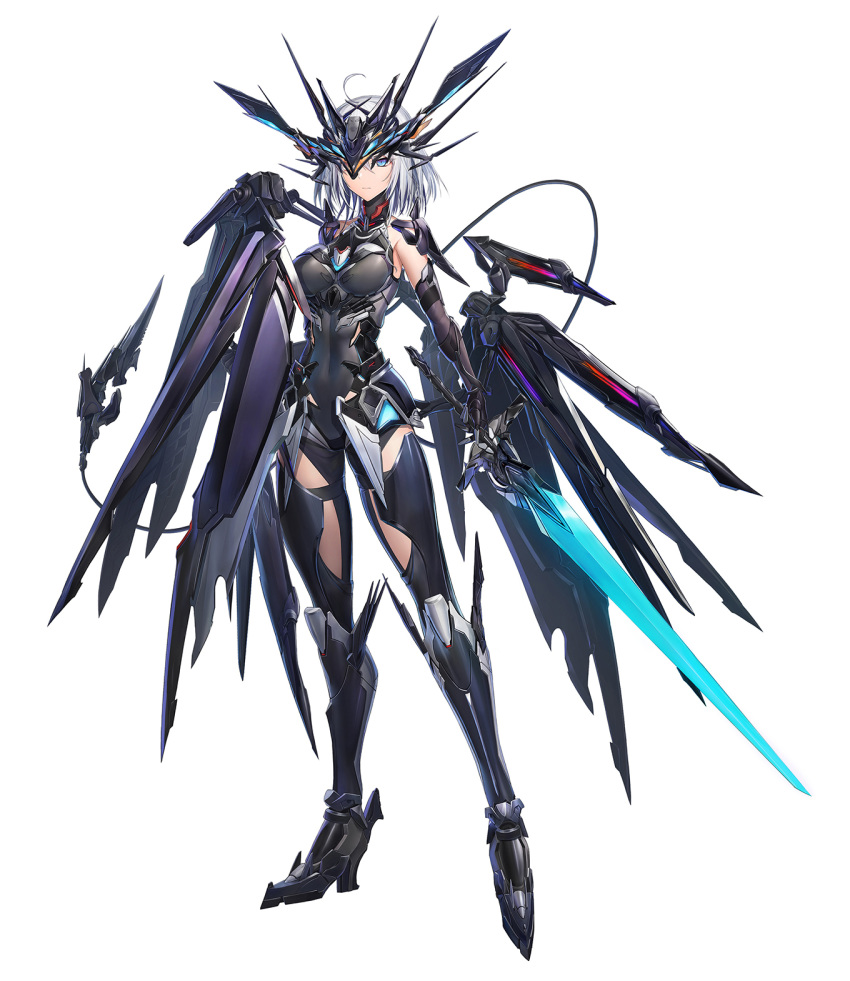 1girl ahoge armor blue_eyes covered_navel expressionless full_body headgear highres mecha_musume mechanical_tail mechanical_wings medium_hair morichika_shuuto original science_fiction skin_tight solo sword tail weapon white_background white_hair wings