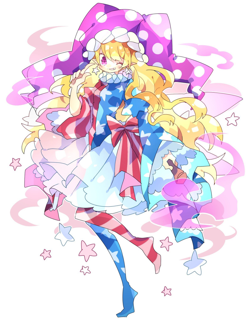 1girl adapted_costume american_flag_dress american_flag_legwear blonde_hair bow clownpiece commentary_request earrings frilled_sleeves frills full_body grin hand_up hat highres holding holding_torch index_finger_raised jester_cap jewelry long_hair long_sleeves looking_at_viewer neck_ruff nikorashi-ka one_eye_closed pointy_ears polka_dot_headwear purple_headwear red_bow simple_background smile solo star_(symbol) star_earrings torch touhou very_long_hair violet_eyes white_background wide_sleeves