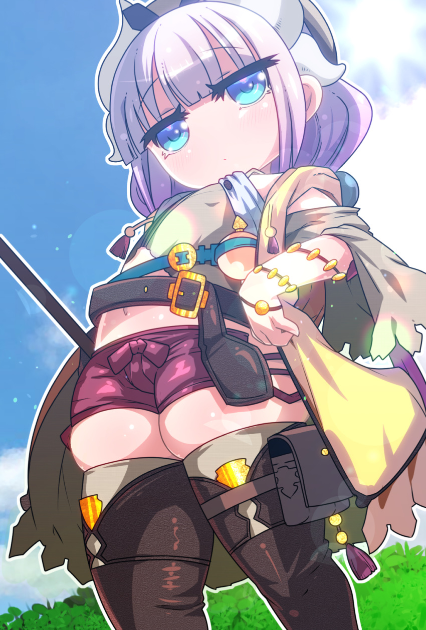 1girl atelier_(series) blue_eyes blush boots bow cosplay half-closed_eyes highres horns kanna_kamui kobayashi-san_chi_no_maidragon lavender_hair midriff namida_boshi navel reisalin_stout reisalin_stout_(cosplay) short_shorts shorts thick_thighs thigh-highs thigh_boots thighs