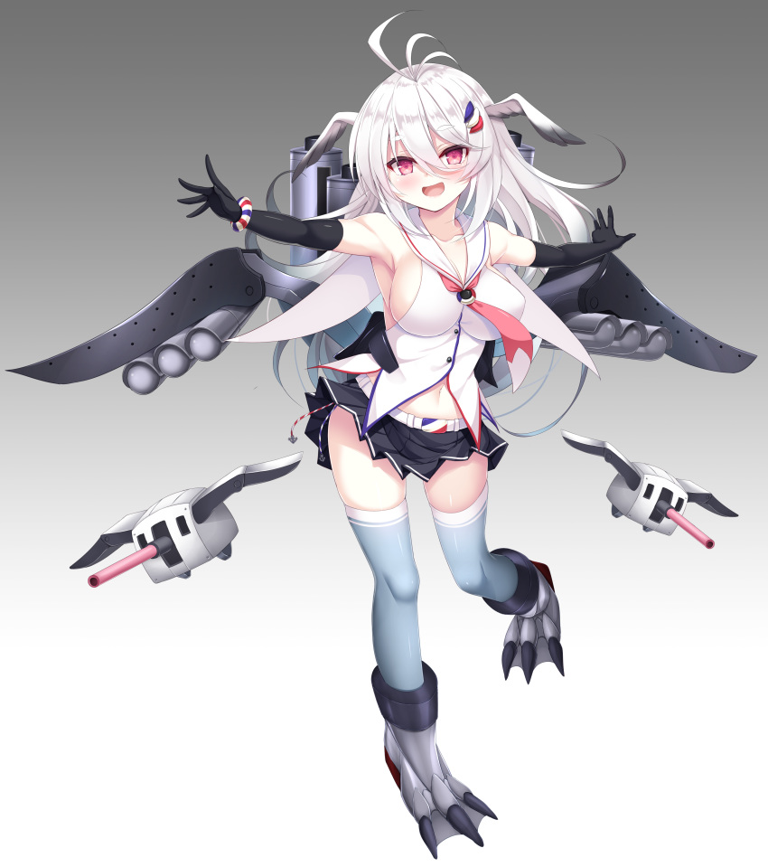 1girl :d absurdres airplane_wing albatros_(blue_oath) antenna_hair armpits bare_shoulders belt black_gloves black_skirt blue_legwear blue_oath bracelet breasts collarbone drone elbow_gloves gloves hair_between_eyes hair_ornament head_wings highres jewelry large_breasts long_hair looking_at_viewer machinery miniskirt navel neckerchief open_mouth outstretched_arms pleated_skirt red_eyes sailor_collar shirt skirt sleeveless sleeveless_shirt smile solo stomach thigh-highs thighs turret white_hair white_shirt yukizuki_chikuba zettai_ryouiki