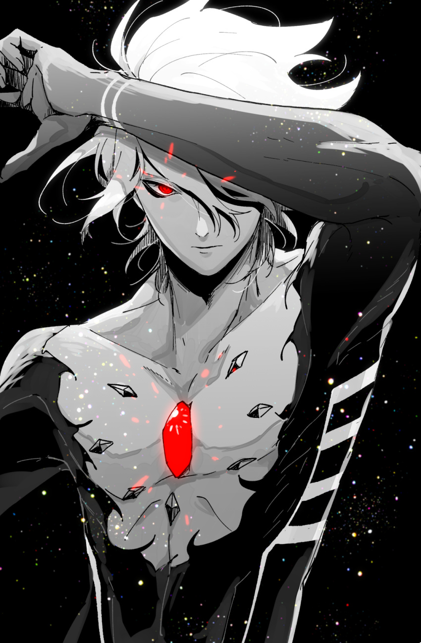 1boy abs bangs bare_shoulders bodysuit chest chest_jewel earrings fate/grand_order fate_(series) glowing glowing_eye glowing_jewelry greyscale hair_between_eyes hair_over_one_eye highres hukahire0313 jewelry karna_(fate) male_focus monochrome one_eye_covered pale_skin red_eyes shiny shiny_hair shirt simple_background sky solo star_(sky) starry_sky upper_body white_hair