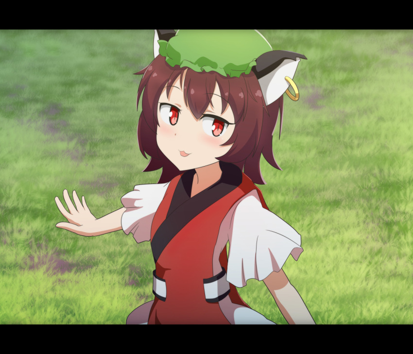 1girl animal_ears arm_up bangs black_border blush border breasts brown_hair cat_ears cato_(monocatienus) chen dress earrings eyebrows_visible_through_hair grass green_headwear hair_between_eyes hand_up hat highres jewelry looking_to_the_side medium_breasts mob_cap open_mouth red_eyes red_vest short_hair short_sleeves single_earring smile solo tabard touhou vest white_dress wide_sleeves