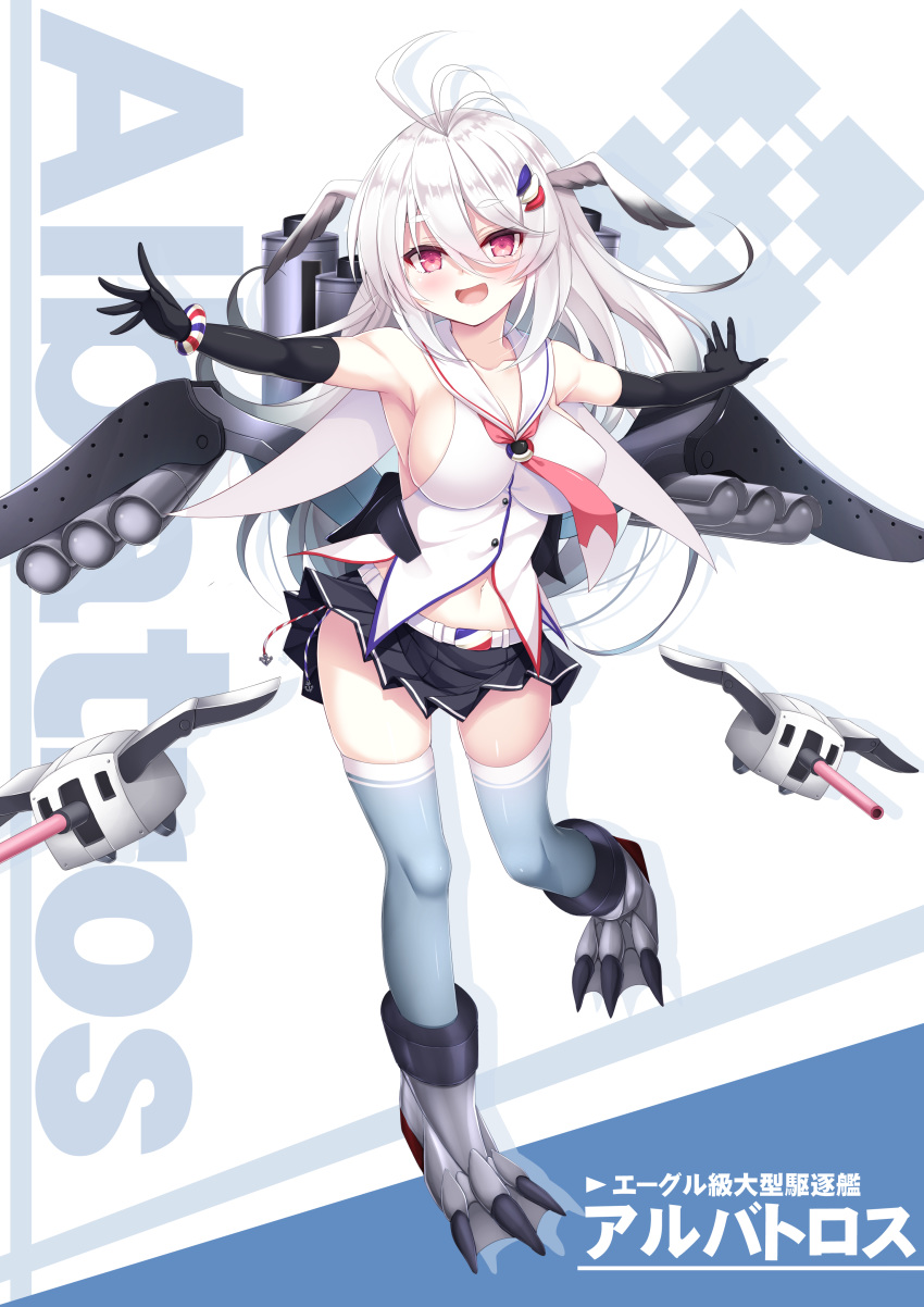 1girl :d absurdres airplane_wing albatros_(blue_oath) antenna_hair armpits bare_shoulders belt black_gloves black_skirt blue_legwear blue_oath bracelet breasts collarbone drone elbow_gloves gloves hair_between_eyes hair_ornament head_wings highres jewelry large_breasts long_hair looking_at_viewer machinery miniskirt navel neckerchief open_mouth outstretched_arms pleated_skirt red_eyes sailor_collar shirt skirt sleeveless sleeveless_shirt smile solo stomach thigh-highs thighs turret white_hair white_shirt yukizuki_chikuba zettai_ryouiki